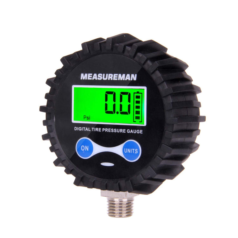 MEASUREMAN 2-1/2" Dial Size Digital Air Pressure Gauge with 1/4'' NPT Bottom Connector and Protective Boot, 0-200psi, Accuracy 1%, Battery Powered with LED Light 2.5" 1/4"NPT lower Short thread 0-200psi