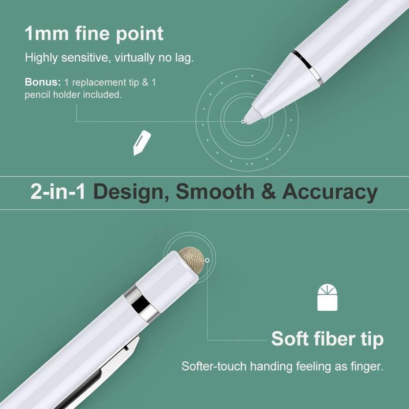 MoKo Active Stylus Pen with Palm Rejection 2 in 1 Rechargeable Digital Pencil fit Apple 2021 iPad Pro 11/12.9 Inch (2018-2021), iPad 8th Gen, iPad Air 4th/Air 3rd, iPad Mini 5th, iPad 6/7th - White