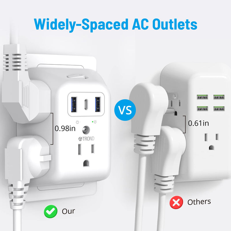 USB Wall Charger, Surge Protector, TROND 5 Outlet Extender with 3 USB Charging Ports (1 USB C) 3 Sided 1440J Multi Plug Outlets, Wall Mount Power Strip for Home Travel Office（ON/Off Switch） 5 outlets