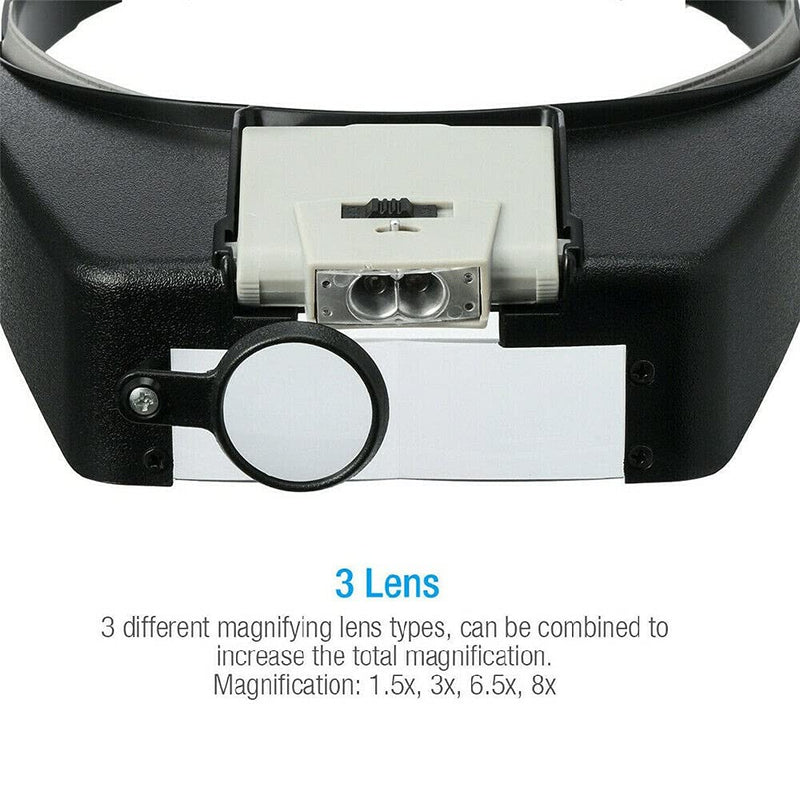 Head Magnifier Jewelers with LED Light Illuminated Helmet Magnifying 1.5X 3X 8.5X 10x Tools for Watch Repair, Precision Work Reading Aid