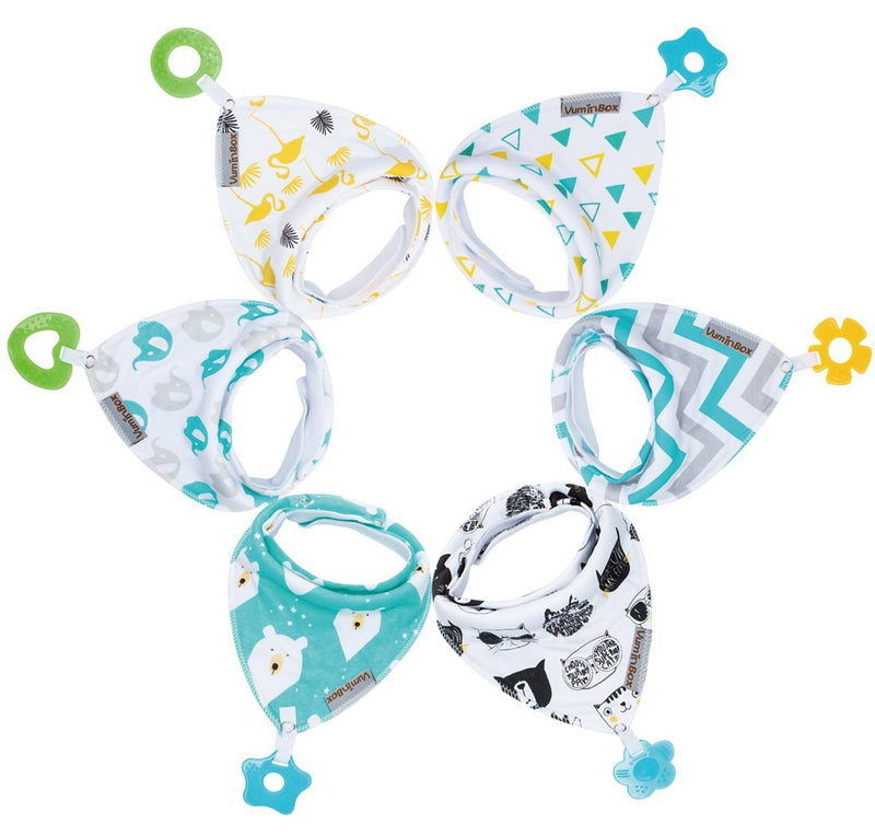 Baby Bandana Drool Bibs 6-Pack and Teething Toys 6-Pack Made with 100% Organic Cotton, Absorbent and Soft Unisex (Vuminbox) (6-Pack Unisex) Blue