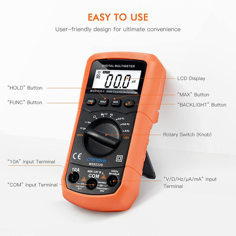 Crenova MS8233D Auto-Ranging Digital Multimeter Home Measuring Tools with Backlight LCD Display