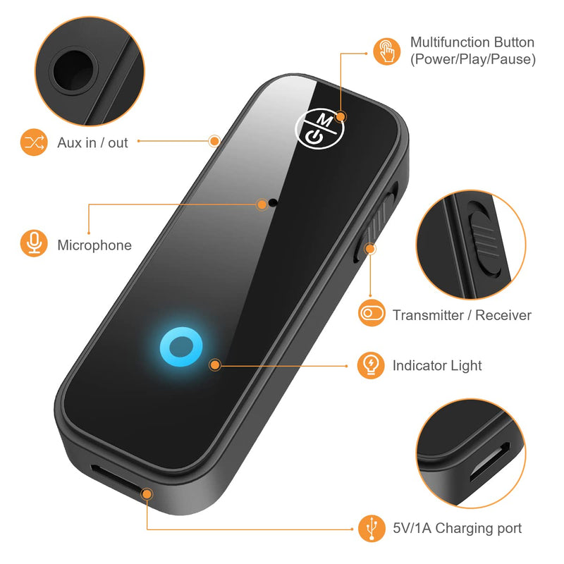 JXTZ (Upgraded) Bluetooth AUX Adpater for Car, Bluetooth Transmitter and Receiver, 3.5mm Aux Bluetooth Car Adapter, Wireless Audio Receiver for Car Stereo/Home Stereo/Headphones/Speaker/Laptop/TV Glossy Black