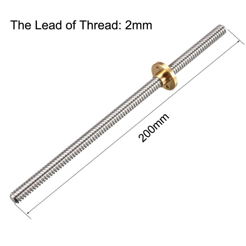 uxcell 200mm Length T8 8mm Dia Lead Screw Rod,2 Lead Stainless Steel Lead Screw Rod with Copper Nut Trapezoidal Thread for 3D Printer Z Axis2pcs