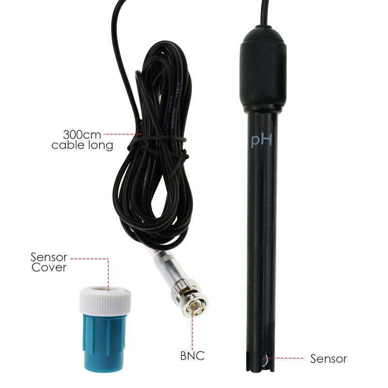 Long body pH electrode with BNC socket probe 300cm cable 0-14pH for pH meter, pH controller pH device economical sensor long tube