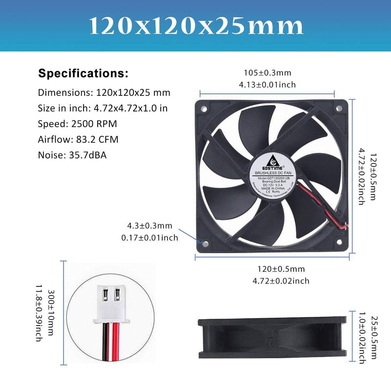 GDSTIME Dual Ball Bearings 120mm x 120mm x 25mm 5 inch 12v Brushless DC Cooling Exhaust Fan
