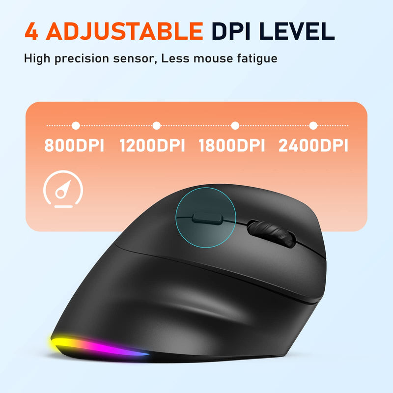 MEETION Ergonomic Mouse, Wireless Vertical Mouse RGB Backlit Rechargeable Mice for Bluetooth(5.2 + 3.0) & USB-A with USB-C Adapter 4 Adjustable DPI Compatible Mac/Windows/Andriod/PC/Tablet/iPad Black Medium-Large Right-Handed