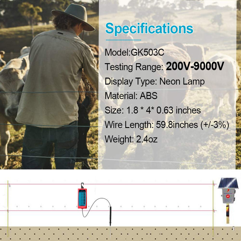 ALLOSUN GK503C NEON Fence Electric Voltage Tester Max 9000V, red GK503C 2000-9000V