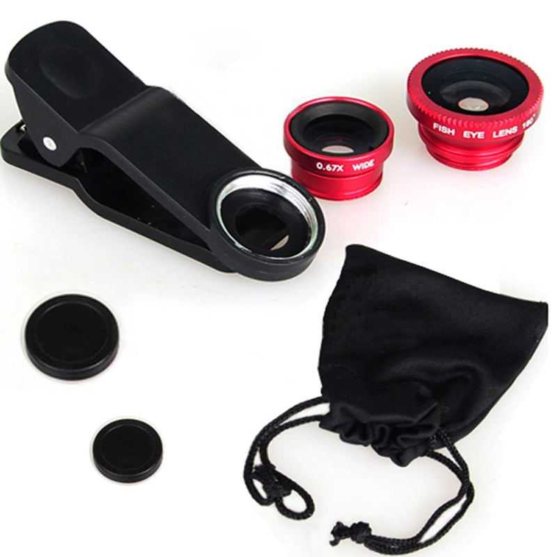 KINGMAS 3 in 1 Universal Fish Eye Lens + Wide-Angle Lens + Macro Clip Camera Lens Kit for iPad iPhone Samsung Android and Most Smartphones red