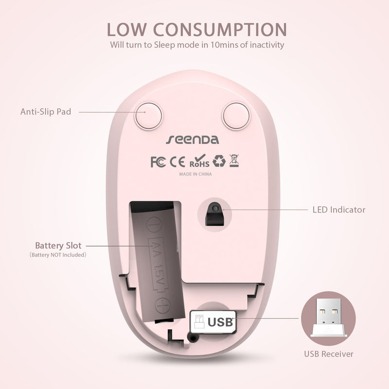 Wireless Mouse, 2.4G Noiseless Mouse with USB Receiver - seenda Portable Computer Mice for PC, Tablet, Laptop, Notebook with Windows System - Pink