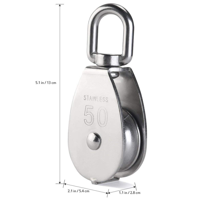 Rocaris 4 Pack M50 Lifting Single Pulley Roller Loading 880Ibs, 304 Stainless Steel Heavy Duty Single Wheel Swivel Lifting Rope Pulley Block