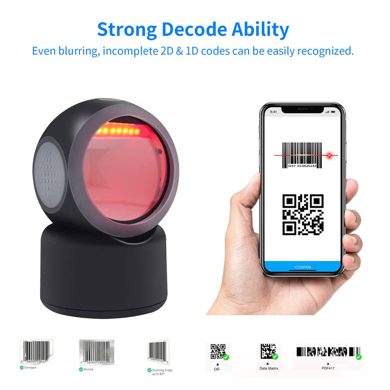 Alacrity 2D 1D QR Desktop Barcode Scanner, Omnidirectional Hands Free USB Wired Barcode Reader, Capture Codes on Screen, 3300DW, Black