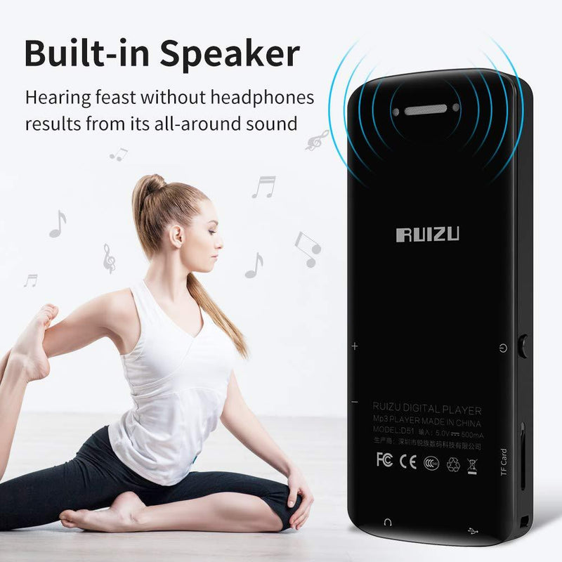 RUIZU Mp3 Player, Upgraded Bluetooth 5.0 Mp3 Player, 8GB Portable HiFi Lossless Sound Music Player with Speaker, FM Radio, Voice Recorder, E-Book, Video Player, Pedometer, Support up to 128GB(Black) Black 8GB