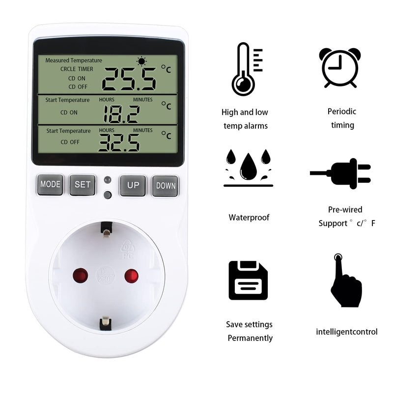 Temperature controller temperature switch 230V with timer and probe socket thermostat switch for greenhouse terrarium aquarium greenhouse seed germination heating cooling