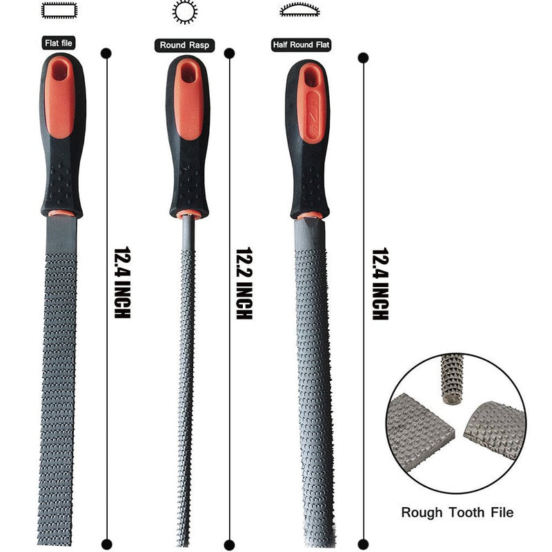 YCAMMIN 8" Wood Rasp File Set with Rubber Grip - Includes Hand Cut Round, Half-Round, and Flat Rasp File Kit - Curved and Flat Tools(3 Pcs)The Color of Packing Bag is Random 8'' wood rasp