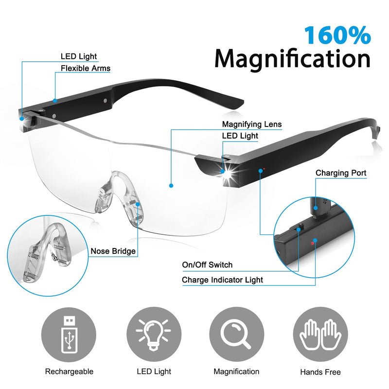 SKYWAY Magnifying Glasses with Light, 160% LED Lighted Rechargeable Magnifier Eyeglasses for Reading Hobbies and Close Work Hands Free Black160