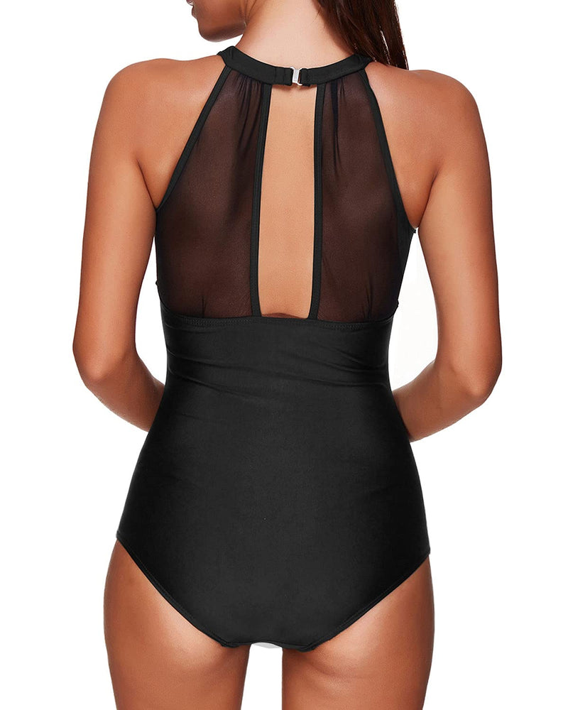 Tempt Me Women One Piece Swimsuit High Neck Plunge Mesh Ruched Monokini Swimwear X-Small 1 Black