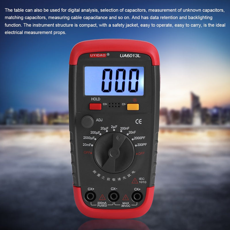 Handheld Capacitor Meter Tester,Digital Battery Powered Capacitan Capacitor Meter Tester 6013L LCD Display, 0.1pF-20,000uF (Red)