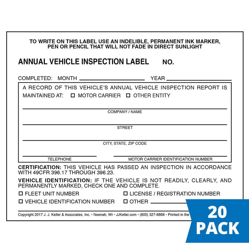 Annual Vehicle Inspection Label 20-pk. - 2-Ply, Vinyl with Mylar Laminate, 5" x 4" - Consecutively Numbered - Meet DOT AVIR Requirements - J. J. Keller & Associates 20-pack