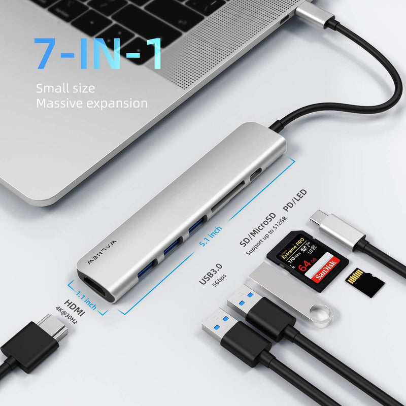 WALNEW USB C Hub, MacBook Pro USB C Adapter, 7-in-1 Type C Hub with 4K USB-C to HDMI, 3 USB 3.0 Ports, SD/TF Card Reader, 100W PD Dock for iPad Pro/ MacBook Pro/Air(Thunderbolt 3)/ Type C Devices Silver