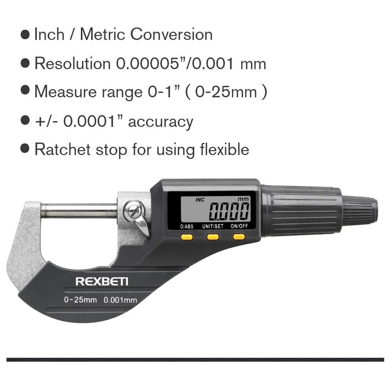 Digital Micrometer, Professional Inch/Metric Thickness Measuring Tools 0.00005"/0.001 mm Resolution Thickness Gauge, Protective Case with Extra Battery