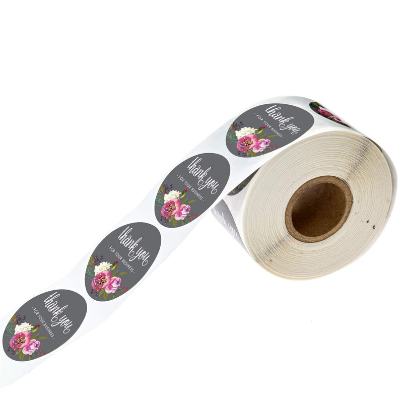 1.5 Inch Round Grey Floral Thank You for Your Business Stickers / 500 Labels Per Roll