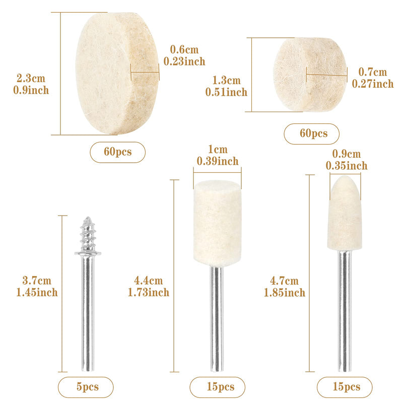 155 pieces wool felt polishing discs, polishing attachment set, polishing heads, polishing pad, 25/13/3 mm, rotary tool, accessories for wood, jewelry, drill, metal, aluminum, stainless steel, polishing, cleaning with handle