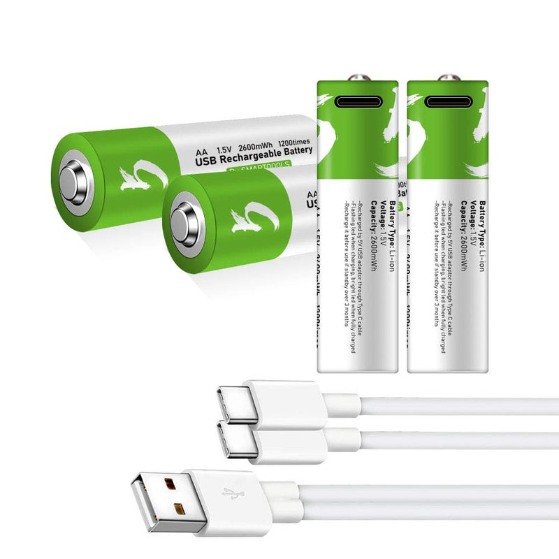 USB AA Lithium ion Rechargeable Battery, High Capacity 1.5V 2600mWh Rechargeable AA Battery, 1.5 H Fast Charge, 1200 Cycle with Type C Port Cable, Constant Output,4-Pack 4* AA battery