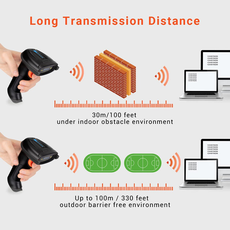 Tera Barcode Scanner Wireless Versatile 2-in-1 (2.4Ghz Wireless+USB 2.0 Wired) with Battery Level Indicator, 328 Feet Transmission Distance Rechargeable 1D Laser Bar Code Reader USB Handheld (Black) Black