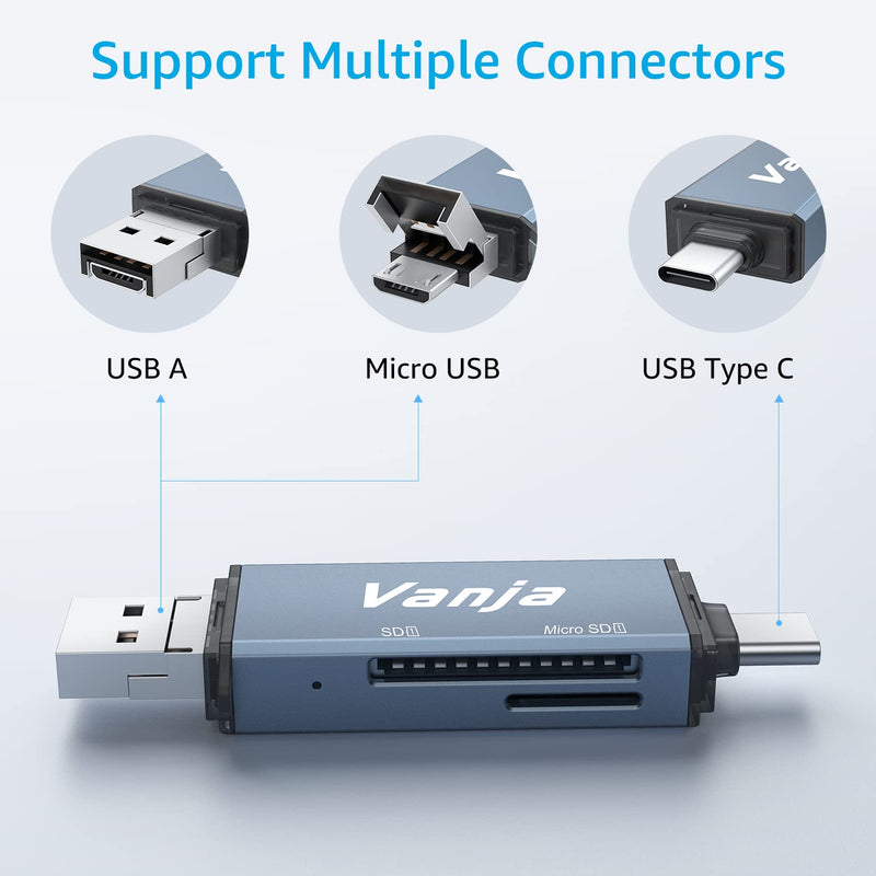 Vanja 3 in 1 Micro SD Card Reader, USB-C USB-A Micro USB Portable Memory Card Reader, Camera SD Card Adapter for SD, SDXC, SDHC, MMC, RS-MMC, Micro SD, Micro SDXC, Micro SDHC and UHS-I Cards