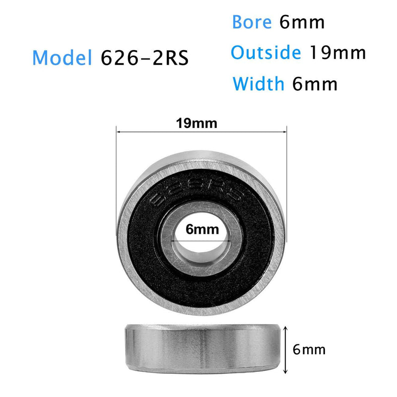 Donepart 626-2RS Ball Bearings - 6mm Bore ID, 19mm OD, 6mm Width Pre-Lubricated and ABEC3 High Speed Sealed Miniature Bearings (10 Pack) 626-2RS(6x19x6mm)