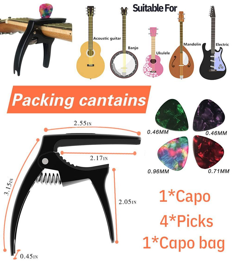 Guitar Capo,TANMUS 3in1 Zinc Metal Capo for Acoustic and Electric Guitars (with Pick Holder and 4Picks)ï¼ŒUkuleleï¼ŒMandolinï¼ŒBanjoï¼ŒClassical Guitar Accessories Black