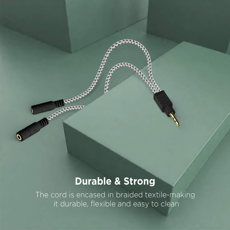 DUKABEL Headphone Splitter, Knitted 3.5mm Audio Splitter TRS 3-Pole Aux Splitter Cable for Headphones Earphones Speakers -Zebra White/2PACK 9.8 inch / 25 cm - 2pack Zebra White