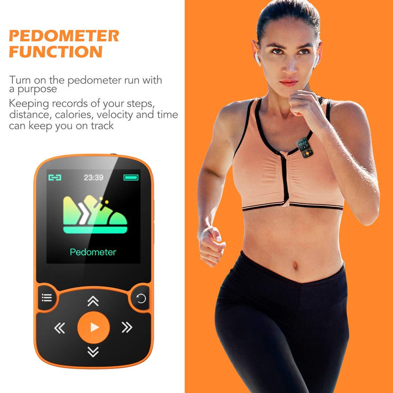 32GB MP3 Player with Clip, AGPTEK Bluetooth 5.0 Lossless Sound with FM Radio, Voice Recorder for Sport Running, Supports up to 128GB TF Card,Orange Orange