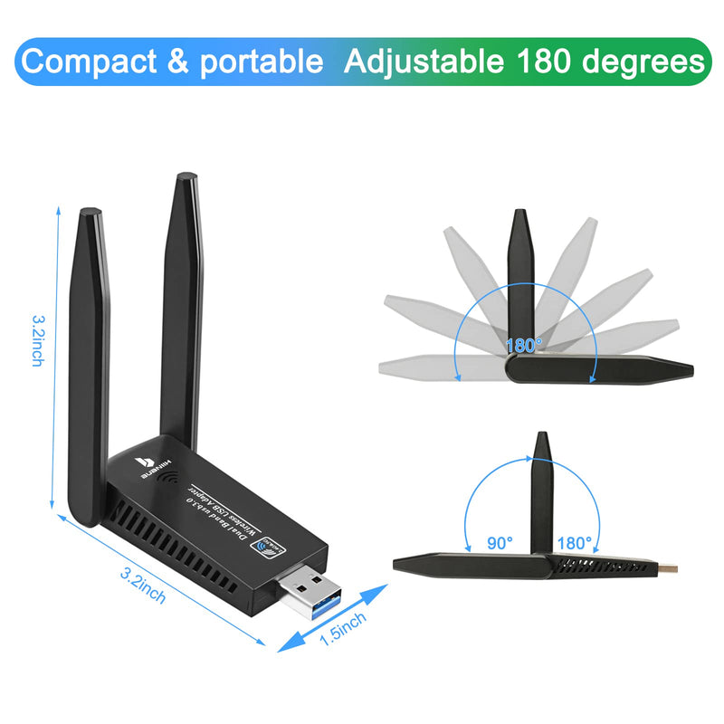 WiFi Adapter,WiFi Adapter for Desktop PC,1300Mbps Dual 5Dbi Antennas,Support 2.4G & 5G(400Mbps/867Mbps) Network,802.11AC Compliant,USB 3.0,Support Win10/8/7/XP, Mac OS/10.9-10.15 1300Mbps