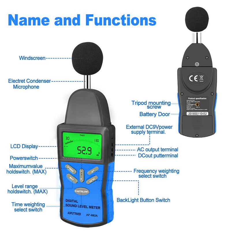 Decibel Meter, Digital Sound Level Meter, Measuring 30dBA~130dBA Portable LCD Display Sound Level Meter A/C Weighted for Home Workshops, MAX/DataHold 2.ap-882a(30~130dba/Dbc)