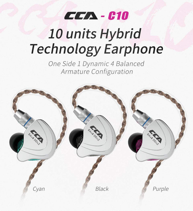 CCA C10 Five Drivers Hybrid in Ear Monitors in Each Side，HiFi 4BA 1DD High Resolution Earphones/Earbuds with 3.5mm Gold Plated Plug Detachable Cable 2pin 0.75mm Wired Earbuds(Black Without mic) No Mic C10 Black
