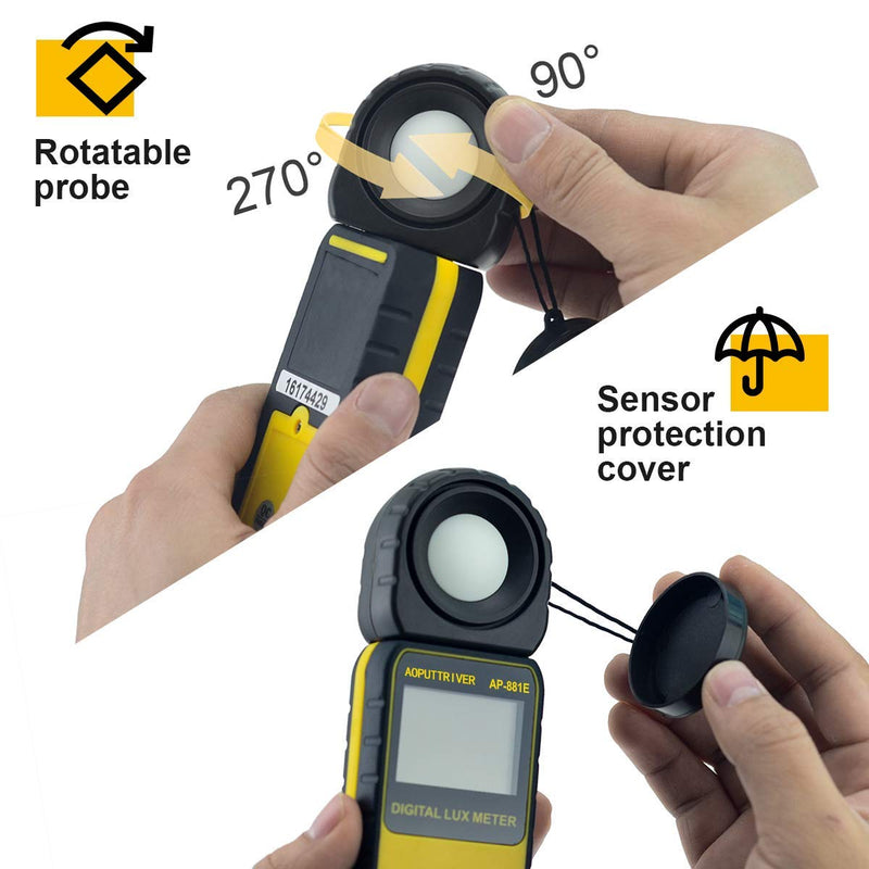 Light Meter, lux Meter AP-881E Recording Light Meter for Plants with Display 3999(Range from 1～300,000Lux), Lux/Fc Unit, MAX/MIN, Back Light, Data Hold, Data Storage AP-881E(0.01~300,000 Lux)