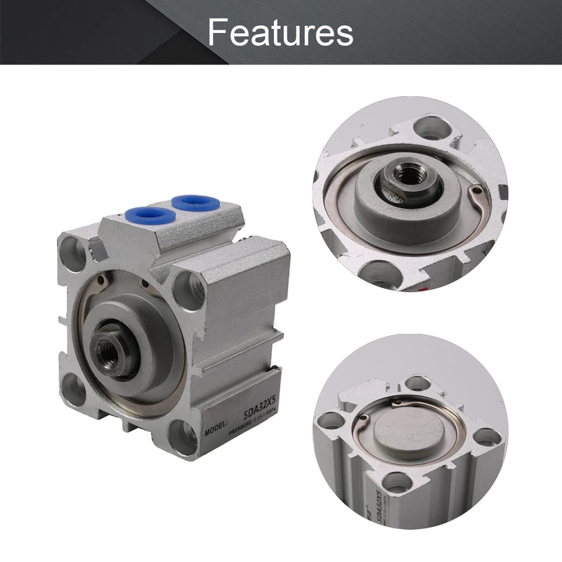 Othmro SDA32 x 5 Sealing Thin Air Cylinder Pneumatic Air Cylinders, 32mm/1.26inch Bore 5mm/0.2inch Stroke Aluminium Alloy Pneumatic Components for Pneumatic and Hydraulic Systems 1pcs