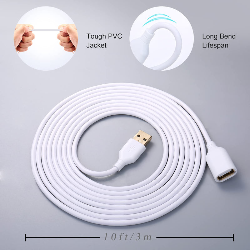 Costyle 2-Pack USB 2.0 10ft/3m USB Type A Male to A Female Extension Cord USB Cable Extender with Gold-Plated Connectors (White)