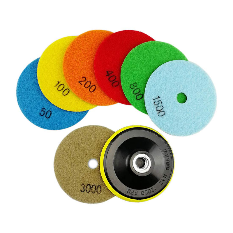 SHDIATOOL Dry Diamond polishing Pads 4 Inch Set of 7 Pieces Plus a Plastic Backer for Granite Marble Stone Quartz Tiles Mixed Grits+P Backer