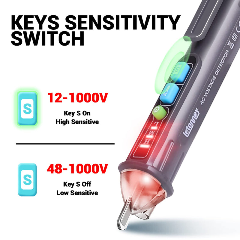 LETONNEY Non-Contact Voltage Tester Outlet Tester with LED Flashlight & Buzzer Alarm, Electrical Tester Pen with Dual Range AC 12V/48V-1000V Live/Null Wire Tester (Gray) Grey