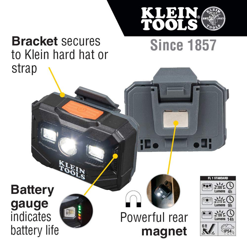 Klein Tools 56062 Rechargeable LED Headlamp/Worklight for Klein Hardhats, 300 Lumens, All-Day Runtime, 3 Modes, for Work and Outdoors