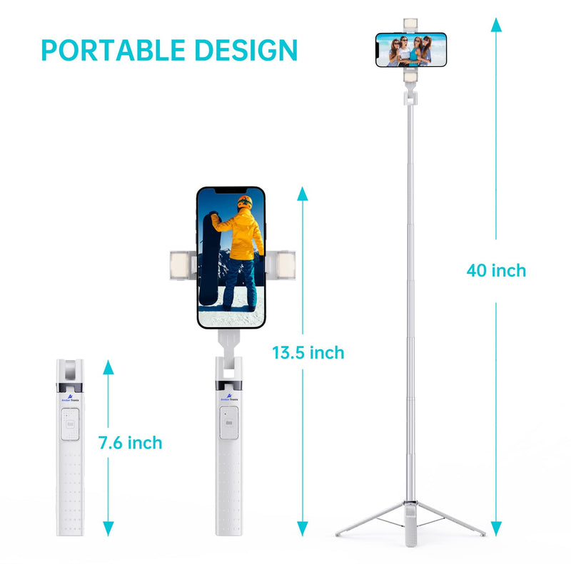 Ambertronix Selfie Stick Quadrapod with Square Lights and Bluetooth Remote, Aluminum 40 Inch, 3 Light Modes, 9 Brightness Levels, Compatible with All iPhone & Android Devices (2022 Upgrade) Silver