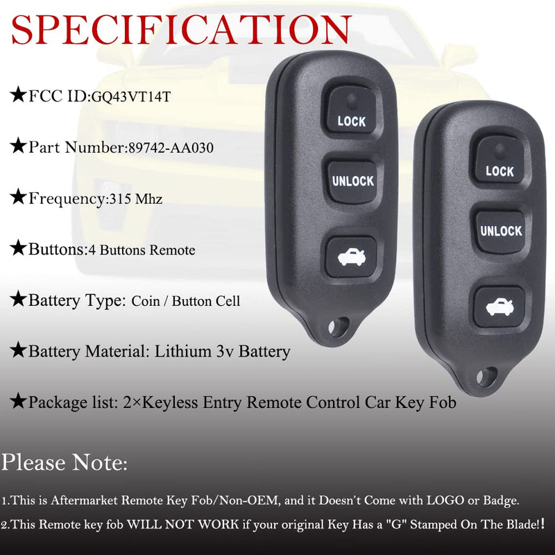2 Key Fob Remote Replacement Fits for Toyota Sienna 1999 2000 2001 2002 2003/Matrix&Pontiac Vibe 03 2004 2005 2006 2007 2008/Camry 02-06/Solara 02-03 Q43VT14T Keyless Entry Remote Control 89742-AA030