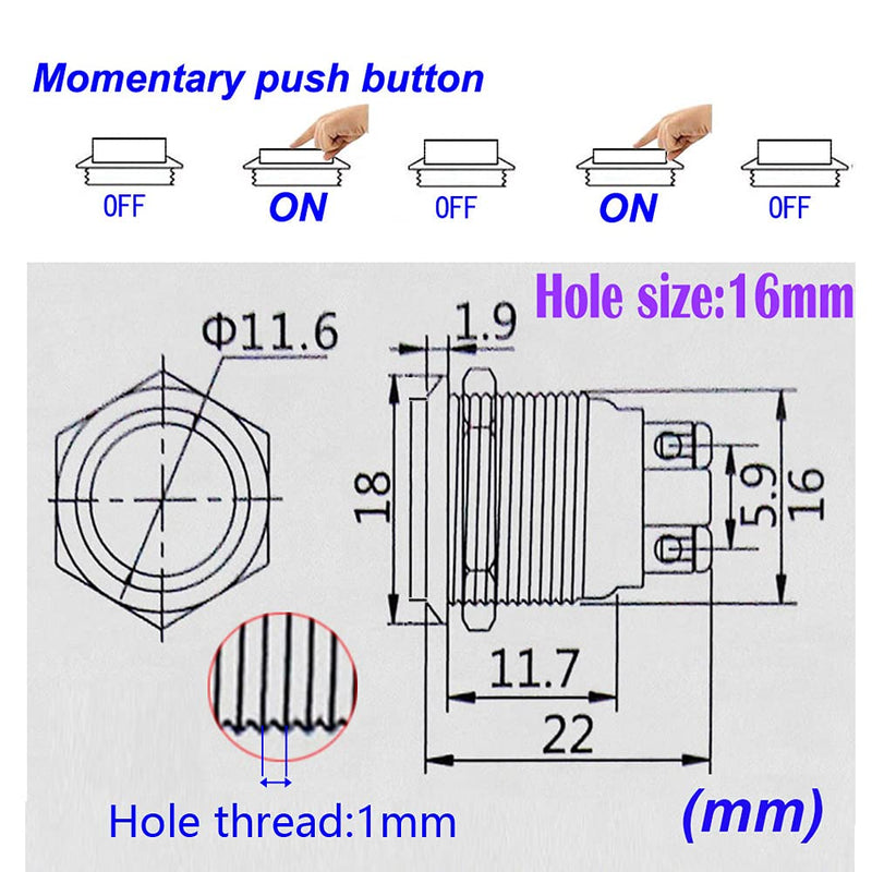 Gebildet 5pcs 16mm 5A 12V/24V/125V/250VAC momentary button screw terminals stainless steel metal waterproof button (high head) 16mm high head momentary screw type