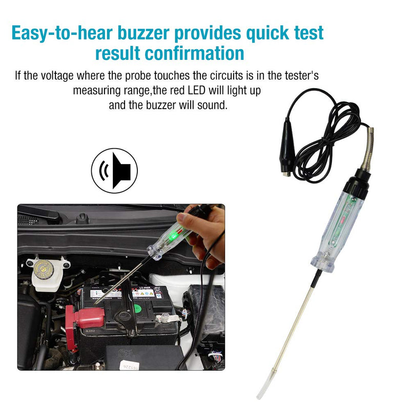 allsun Automotive Audible Circuit Tester 6-12V DC Probe Repair Tools Heavy Duty Light Tester 59In-Long Cord Sharp Stainless Electric Test Pen with Light & Buzzer Indicator