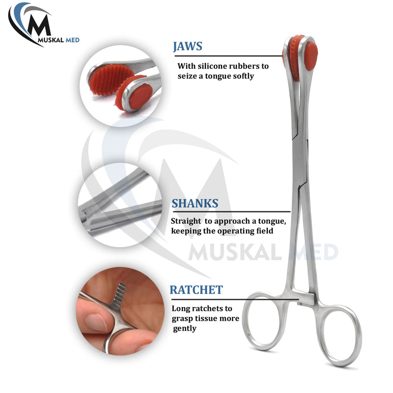 MuskalMed Young Tongue Seizing Forceps 6.5" Straight Handle Stainless Steel with Soft Rubber Jaws