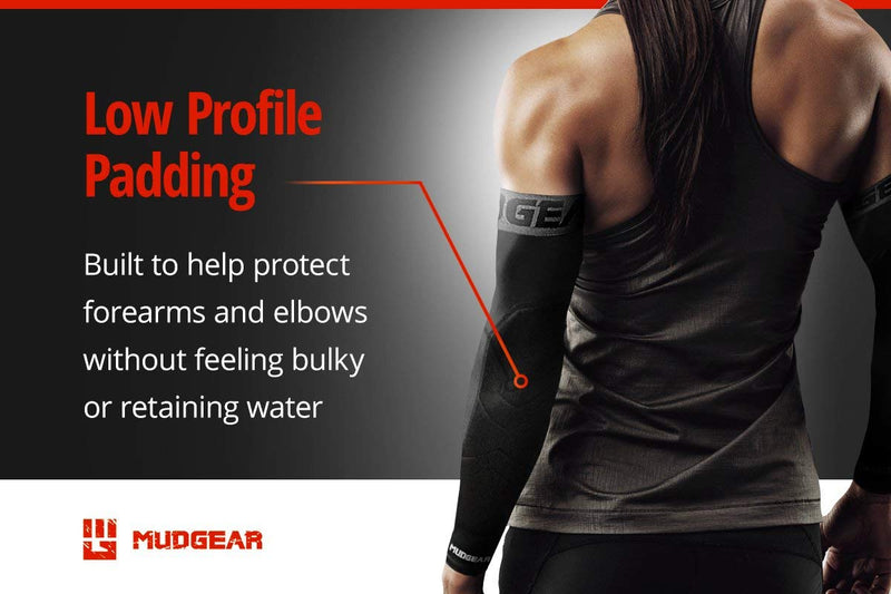 MudGear Padded Arm Sleeves 2-Pack - Men's, Women's, Youth - Compression Padded Elbow Protection - OCR, Baseball, and Football Black/Gray Medium