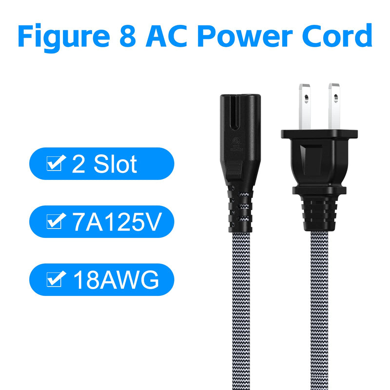 AC Power Cord 20FT(1 Pack), 2 Prong TV Power Cord, Nylon Braid Cable Replacement for Xbox One S, Xbox One X, Xbox Series X, PS3, PS4, PS5, Compatible for Printer, Monitor, Sound Bar, Game Console